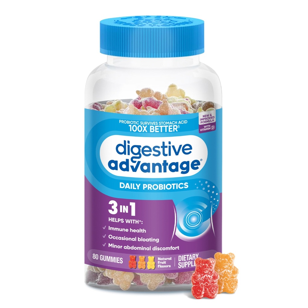 Beneficios Digestivos Gummies Probióticos Para la Salud Digestiva, Vitamina D, Probióticos diarios para el rubor femenino y ocasional, Menor molestia abdominal " Gut Health, 80ct Natural Fruit Flavors