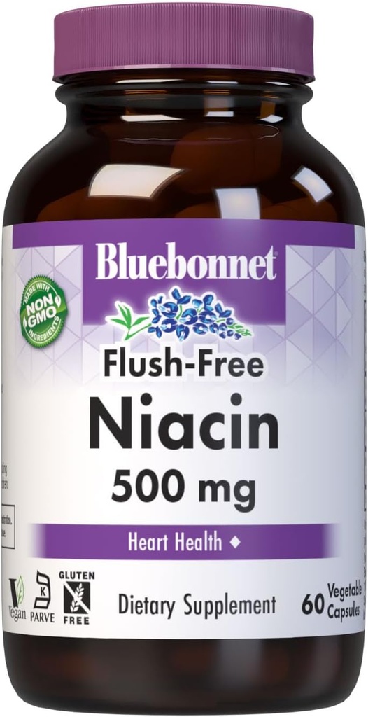 Bluebonnet Nutrition Flush-Free Niacin 500mg, for Nutritional Cardiovascular Support*, Soy-Free, Gluten-Free, Non-GMO, Kosher Certified, Dairy-Free, Vegan, 60 cápsulas vegetales, 60 prestaciones
