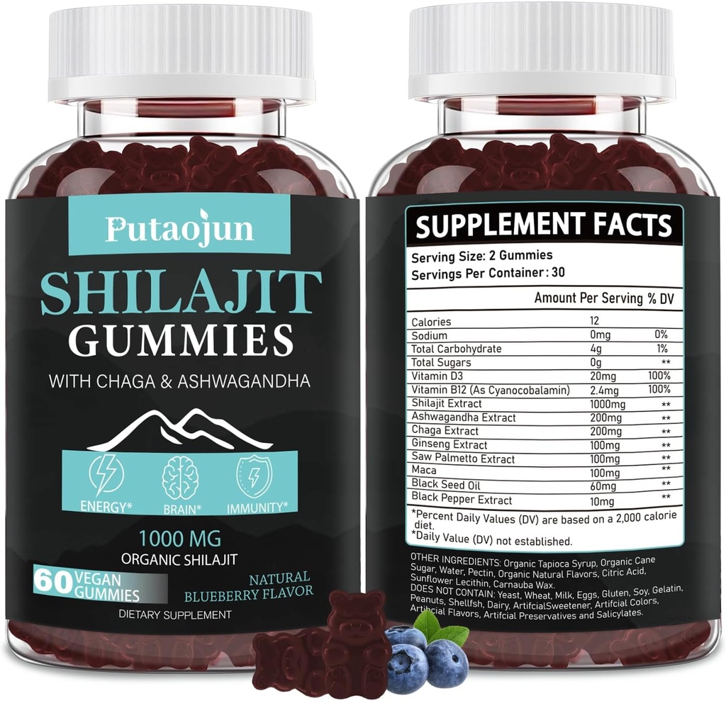 Shilajit for Man,Woman & Kid.Himalayan Gold Shilajit Gummies.1000mg Shilajit,200mg Ashwagandha,200mg Chaga,100mg Ginseng, 100mg Saw Palmatto, 60mg Black Seed Oil