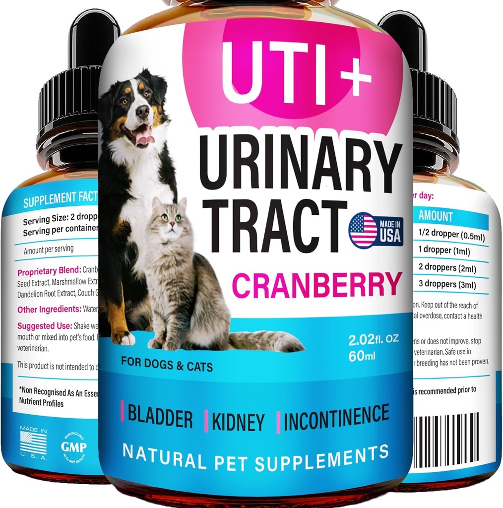Tratamiento de la UTI de gatos - Tratamiento de la Infección de la Tracto urinaria para mascotas - Apoyo al riñón - Control de la vejiga para la incontinencia de perros - Cat UTI Remedy - Suplemento de arándano - US Made - 2fl.oz