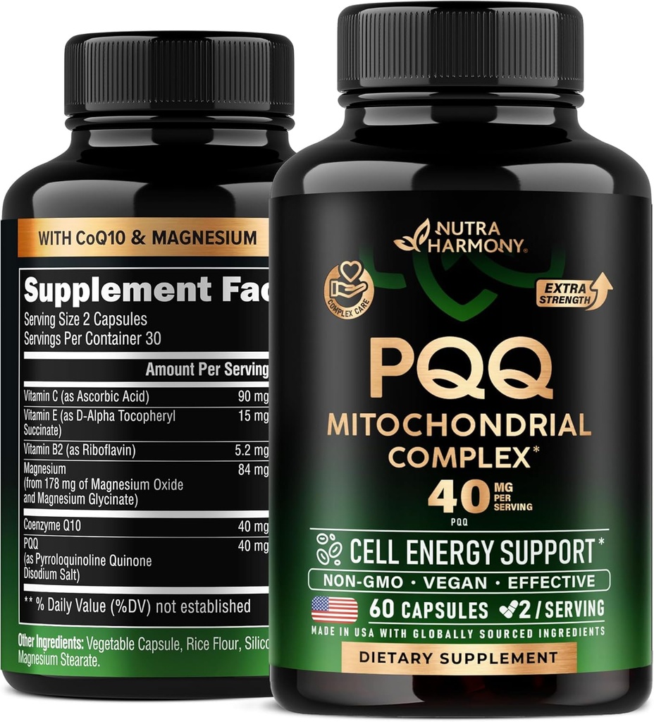 PQQ 40 mg - PQQ with CoQ10 Supplement - Mitochondria Biogenesis & Cellular Energy Production - with Magnesium, Vitamins C, E & B2 - Pure & Highly Bioavailable | Lab Tested - Made in USA - 60 Capsules