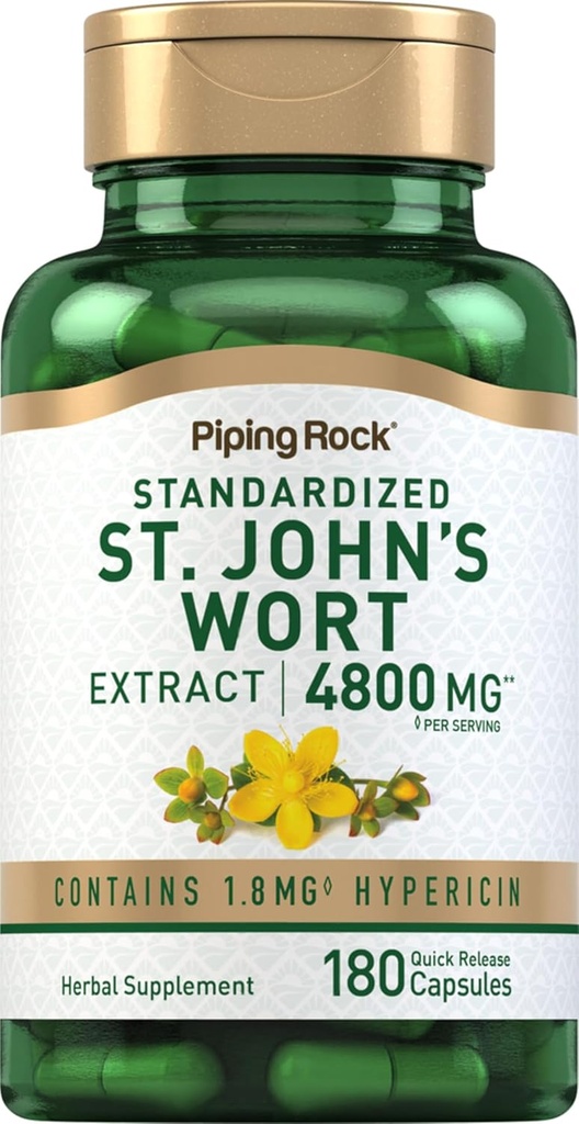 Piping Rock St. John's Wort Capsules TEN 4800 mg TENER 180 Píldoras TENIDO Suplemento Extracto para Mujeres y Hombres