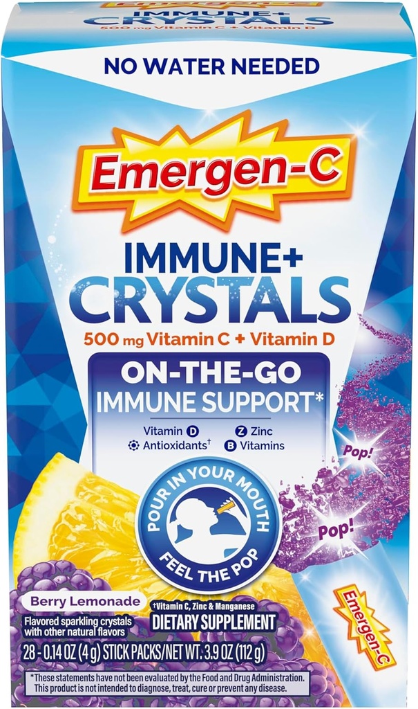 Emergen-C Immune Plus Crystals, On-The-Go Immune Support Supplement with Vitamin C, Vitamin D, B Vitamins, Zinc and Manganese, Berry Lemonade, Back to School Essentials - 28 Stick Packs