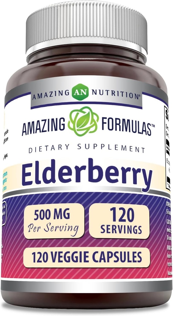 Fórmulas asombrosas Elderberry Suplemento TEN 500 Mg Por Serving TEN 120 Veggie Capsules TEN 10:1 Concentrate TENIDO NO-GMO TENIDO Gluten-Free TEN Made in USA