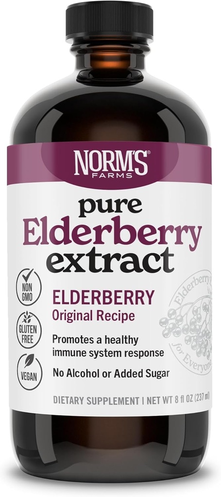 Las granjas de Norm Extracto de Elderberry Puro - Hecho de Sólo Elderberries en Estados Unidos - Immune, Apoyo Antioxidante, No Añadido Azúcar, Aditivos, Vegan, Libre de gluten, No GMO, Alcohol de Tintura de Elderberry Gratis - 8 Oz
