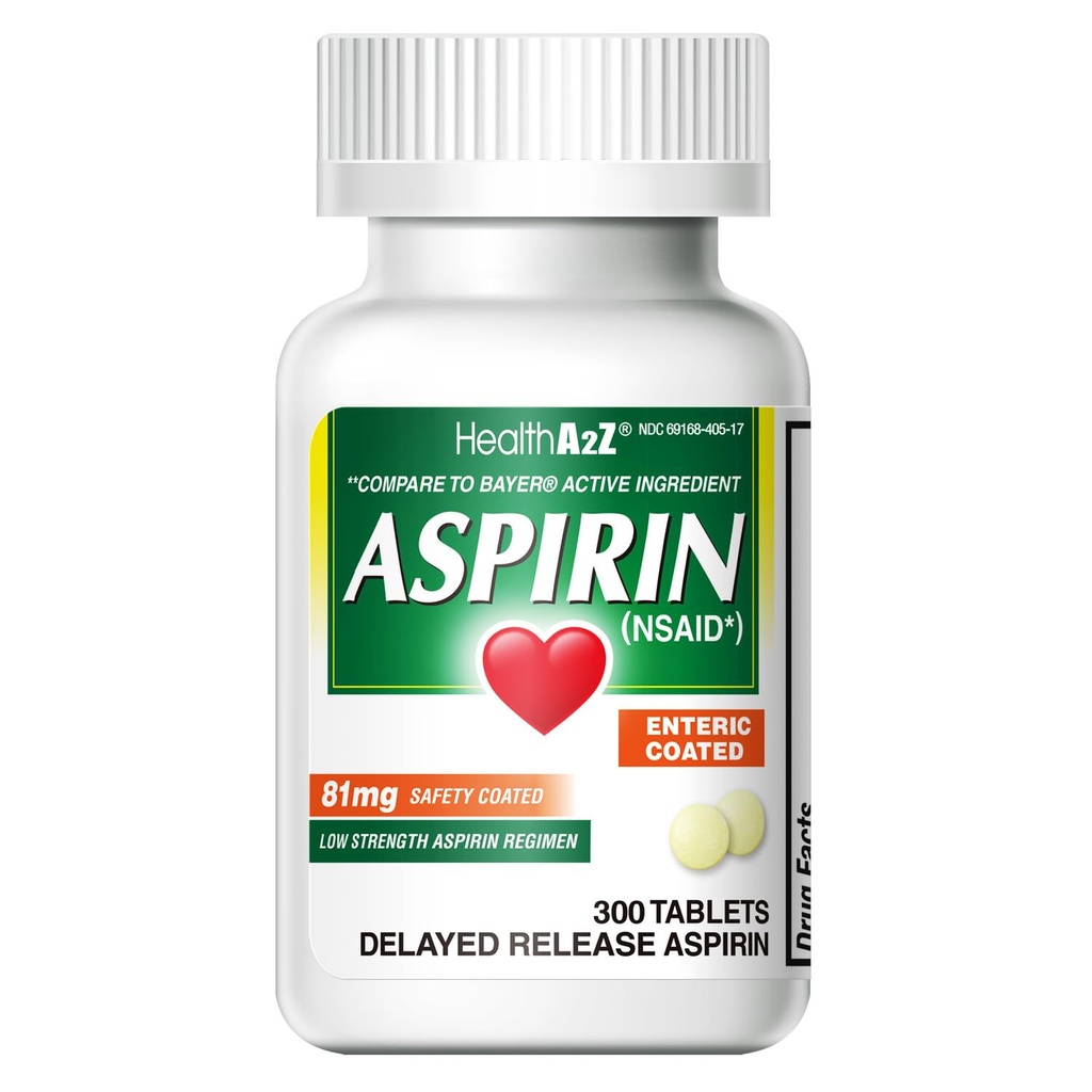 HealthA2Z® Aspirin 81 mg  Low Strength ← Enteric Coated ← Resistente contra el dolor de cabeza reduce los dolores musculares dolores menores Los dolores musculares ← Reductor de fiebre ← Reducir dolor de cabeza (300 Condes)