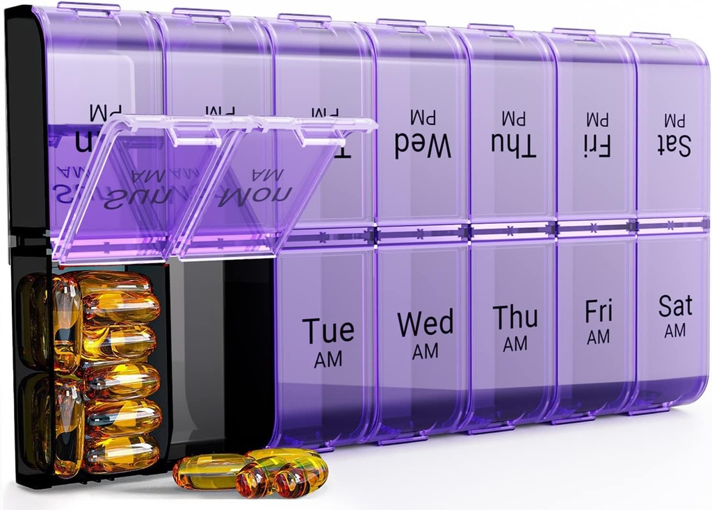 Semanal AM PM Organizador extra grande de píldoras, 7 días de píldora caso 2 veces al día, XL Day Night Pill caso dos veces al día, Oversized Daily Medicine Organizer for Vitamin, Pill Container (Purple)