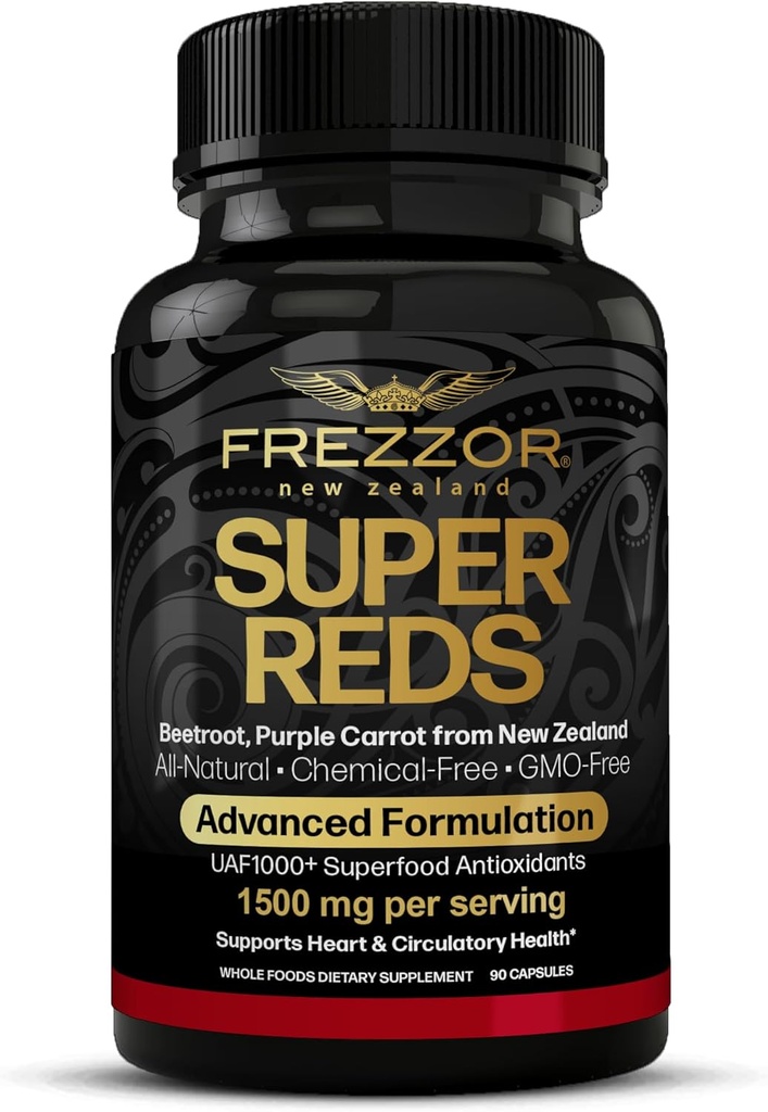 FREZZOR Super Reds Capsules con UAF1000+, All-Natural New Zealand Red Superfood Energy, Essential Red Fruits Veggies disminuye Beets, Antioxidants, Enzymes, Energy Supplements, 90 Capsules, 1 Bottle