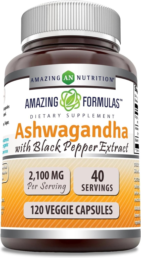 Amazing Formulas Ashwagandha Root with Black Pepper Extract Supplement TEN 2100 Mg Por Serving Silencio Veggie Capsules Supplement TEN Non-GMO TEN Gluten-Free TEN Made in USA (1 Pack, 120 Cuenta)