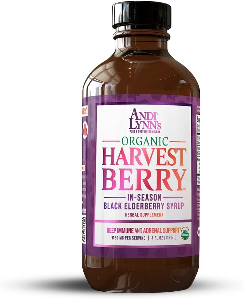 Syrup de Berry de cosecha ecológica de Andi Lynn para niños y adultos – Real Honey Elderberry Syrup for Immune Support - Therapeutic Formula - 4 Fl. Oz (Pack of 1)