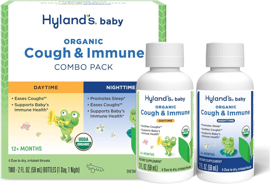 Hiland's Baby Organic Cough Syrup and Immune Support Day and Night Combo Pack, Eases Coughs, Supports Immunity, Promotes Sleep, Two 2 Fl Oz. Bottles (4 fl oz)