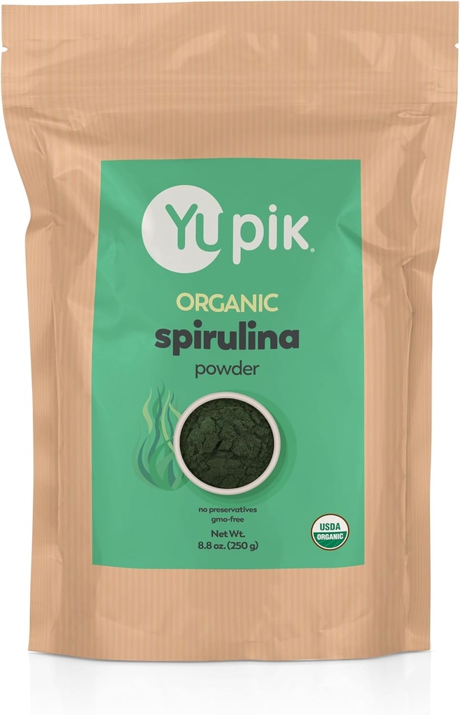 Yupik Orgánica Spirulina Powder 8.8 oz, USDA Certified, Non-GMO, Kosher, Gluten-Free, Vegan, High in Protein, Iron &amp; Antioxidants, Superfood for Smoothies, Shakes & Baking