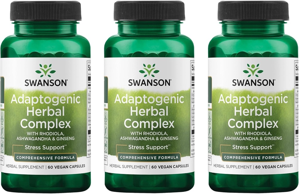 Swanson Rhodiola Ashwagandha Ginseng Complex Mood Energy Immune Function Nervous System Stress Support Adaptogen Herb Suplemento 60 cápsulas (3 Pack)