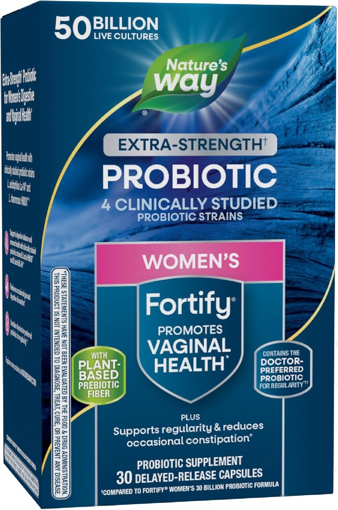 Manera de la naturaleza La fuerza extra de la mujer(1) Fortify Probiotic 50B Cultures, Supports Digestive, Vaginal & Immune Health*, Plant-Based Prebiotic Fiber, Non-GMO Project Verified, 30 Capsules
