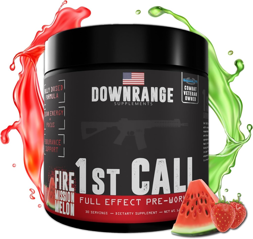 DownRange 1st Call Pre Workout Powder, Preworkout for Men & Women, Amino Acid Beta Alanine & Caffeine for Pump, Energy and Focus Support, 30 Servings (Strawberry Watermelon)