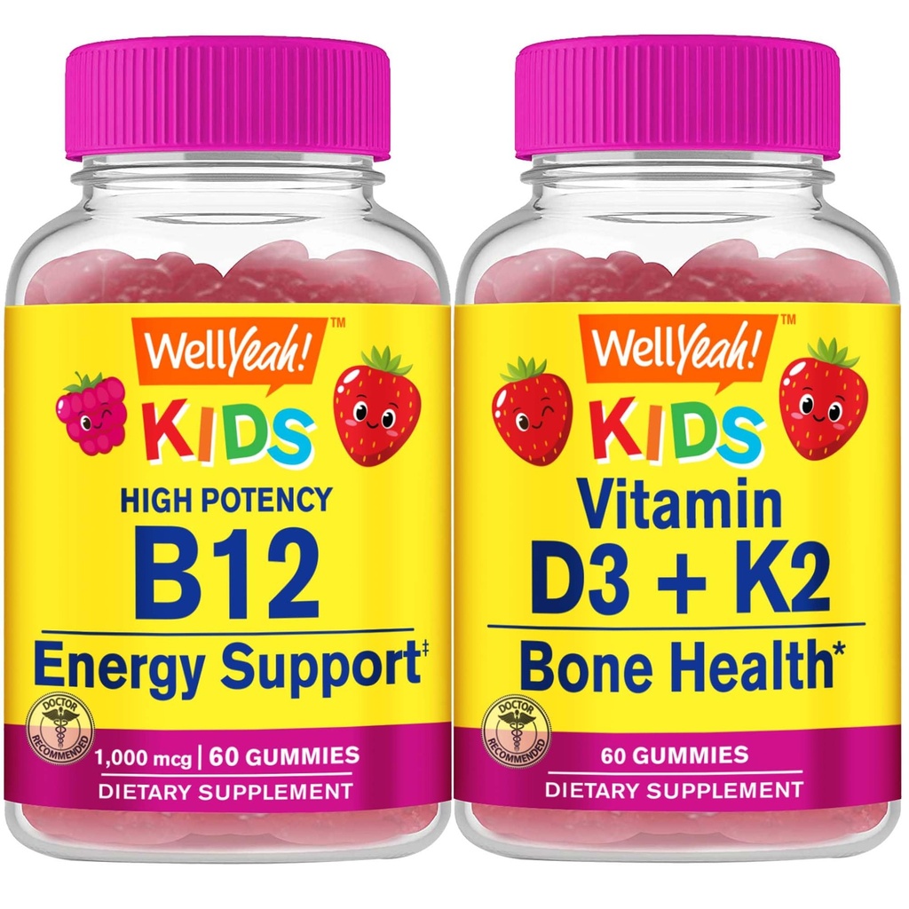 BuenoSí Vitamina B12 Niños + Vitamina D3+K2 Niños, Gummies Bundle - Gran Tasting, Suplemento de Vitamina, Gluten Gratis, GMO Gratis, Chewable Gummy