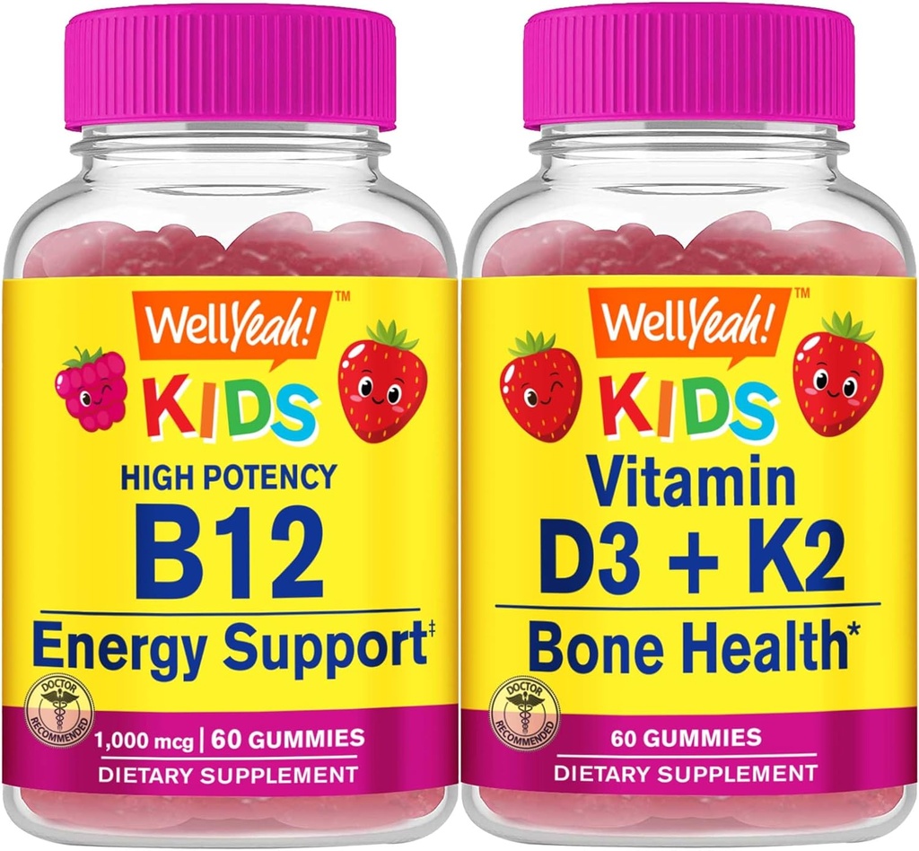BuenoSí Vitamina B12 Niños + Vitamina D3+K2 Niños, Gummies Bundle - Gran Tasting, Suplemento de Vitamina, Gluten Gratis, GMO Gratis, Chewable Gummy