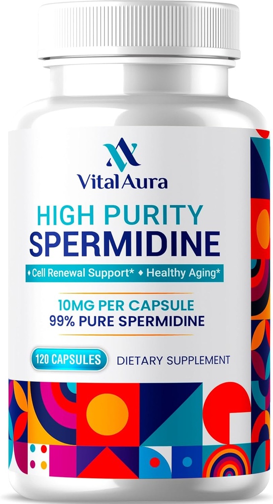 Suplemento Vital Aura Spermidine - 10mg x 120 Capsules ANTE 4 meses Suministro de alta pureza Spermidina para el envejecimiento saludable, el cerebro y la salud celular - 100x Más Potent Than Wheat Germ Extract