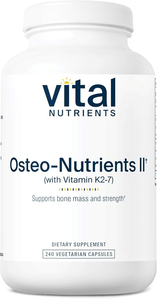 Nutrientes vitales Osteo-Nutrients II ← Vitamin K2 + D3, Calcio, Borón y Magnesio para Bone Strength* TEN Healthy Heart Support TEN Vegetarian Supplement TEN Gluten, Dairy, Soy Free TEN 240 Capsules