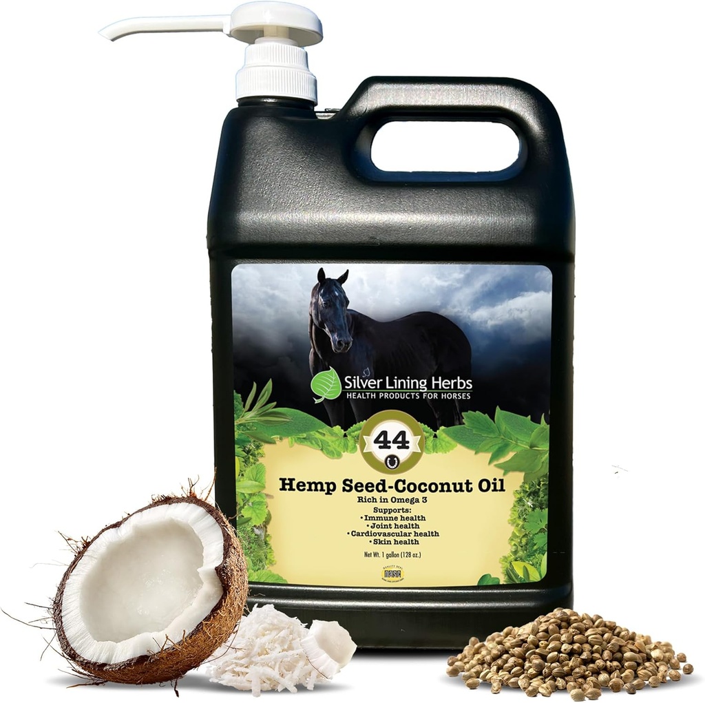 Herbs de plata cáñamo de cáñamo Aceite de coco - Suplementos de caballo para el soporte conjunto, sistema inmunológico &amp; salud cardiovascular - rica fuente de Omega 3, vitamina E &amp; aceite esencial para caballos - 1 galón