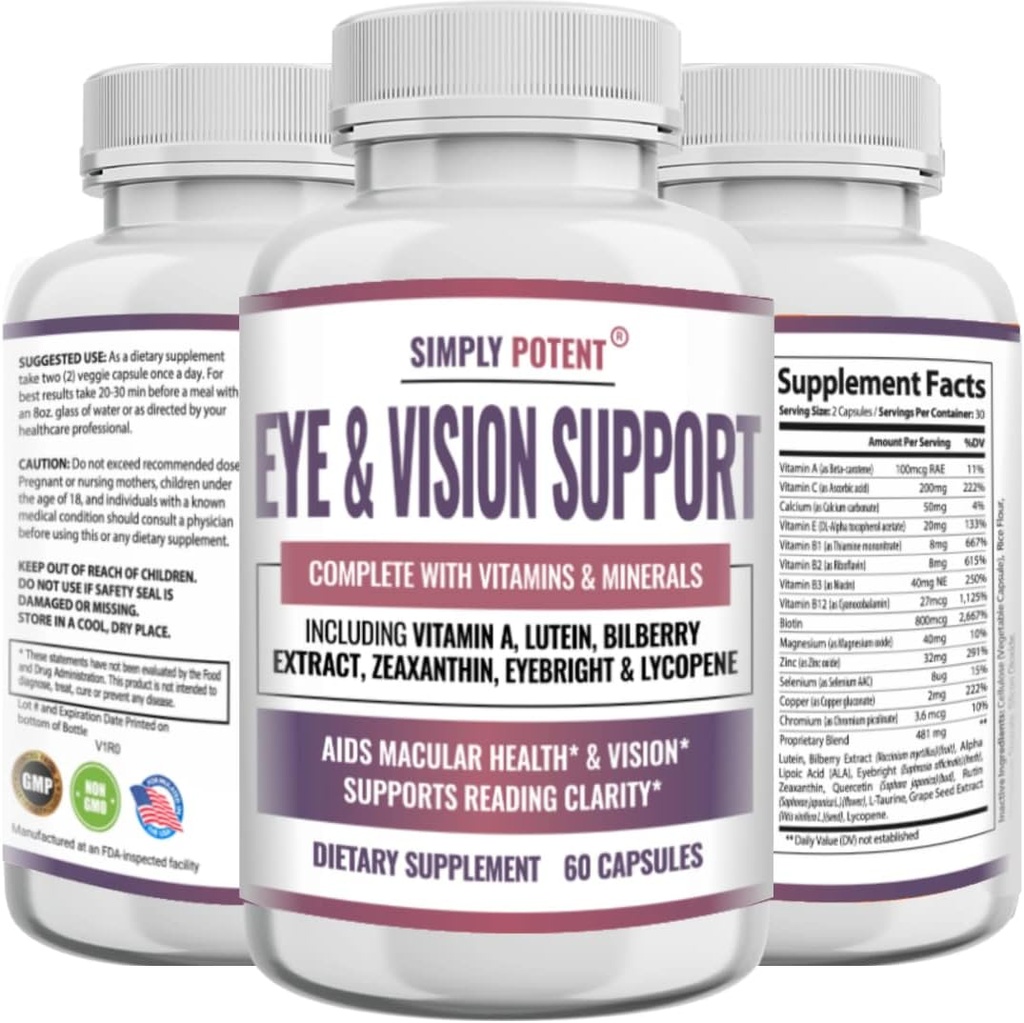 Lutein & Zeaxanthin Eye Health Supplements for Adults, Natural Eye & Vision Formula w/Vitamin A, Lutein, Zeaxanthin, Bilberry Extract, Eyebright & Lycopene for Retina & Lens 60 Caps