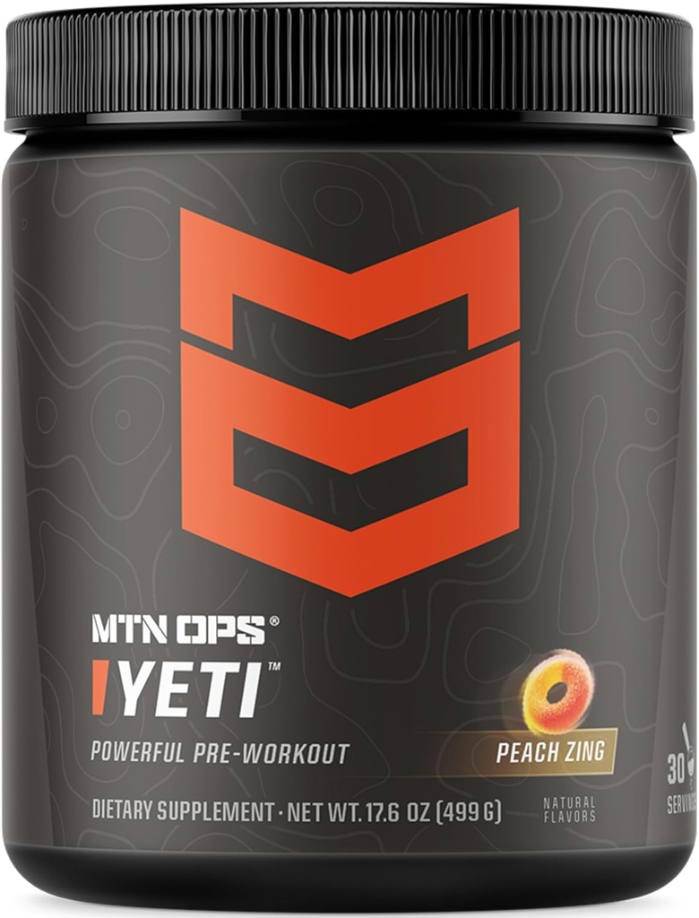 MTN OPS Yeti Pre-Workout Powder Energy Drink with Creatine, 200mg Caffeine &amp; BCAAs with Beta Alanine, 30-Serving Tub, Peach Zing