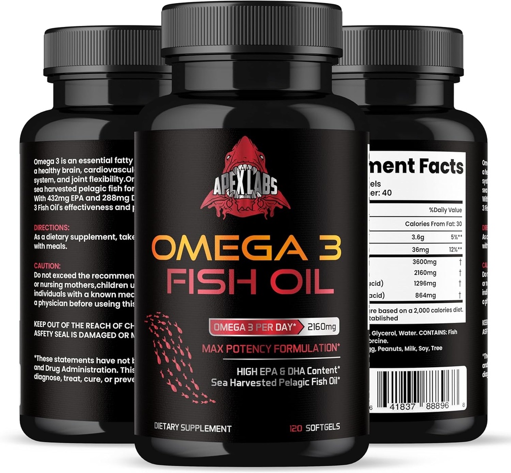 Triple fuerza omega 3 aceite de pescado - Burpless Fish Oil Suplemento w/EPA & DHA Fatty Acids from Single-Source Wild Alaska Pollock - 1200 mg, 120 ct