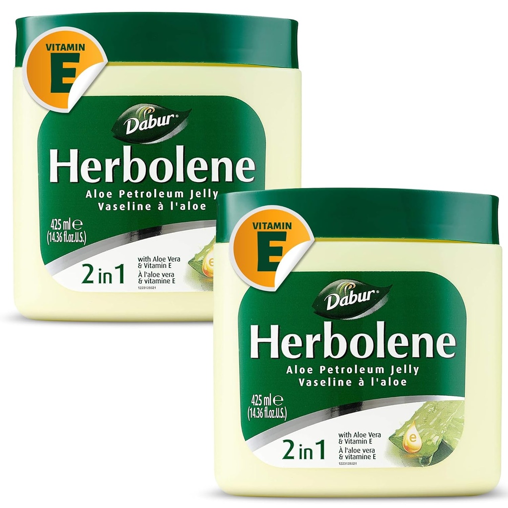 Dabur Herbolene Aloe Vera Gel Petroleum Jelly - Mejorado con la vitamina E para la hidratación de la piel profunda e intensiva - Gentil sobre la piel sensible - La dicha nutritiva y la hidratación duradera - 425 ML (Pack de 2)