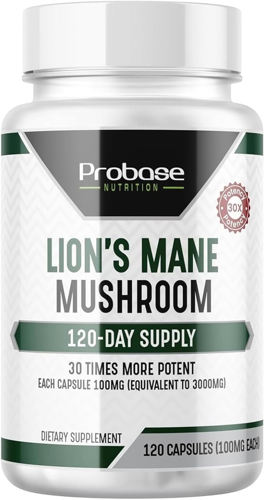 Probase Nutrition Lions Mane Supplement Capsules 30x Potency Extract Mushroom Supplement 4 Month Supply 120 Count