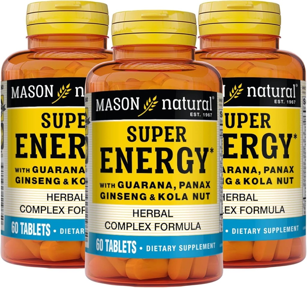 MASON NATURAL Super Energy, Made with Guarana, Panax Ginseng " Kola Nut for Optimal Performance " Energy, 90 Day Supply, 60 Tablets (Pack of 3)