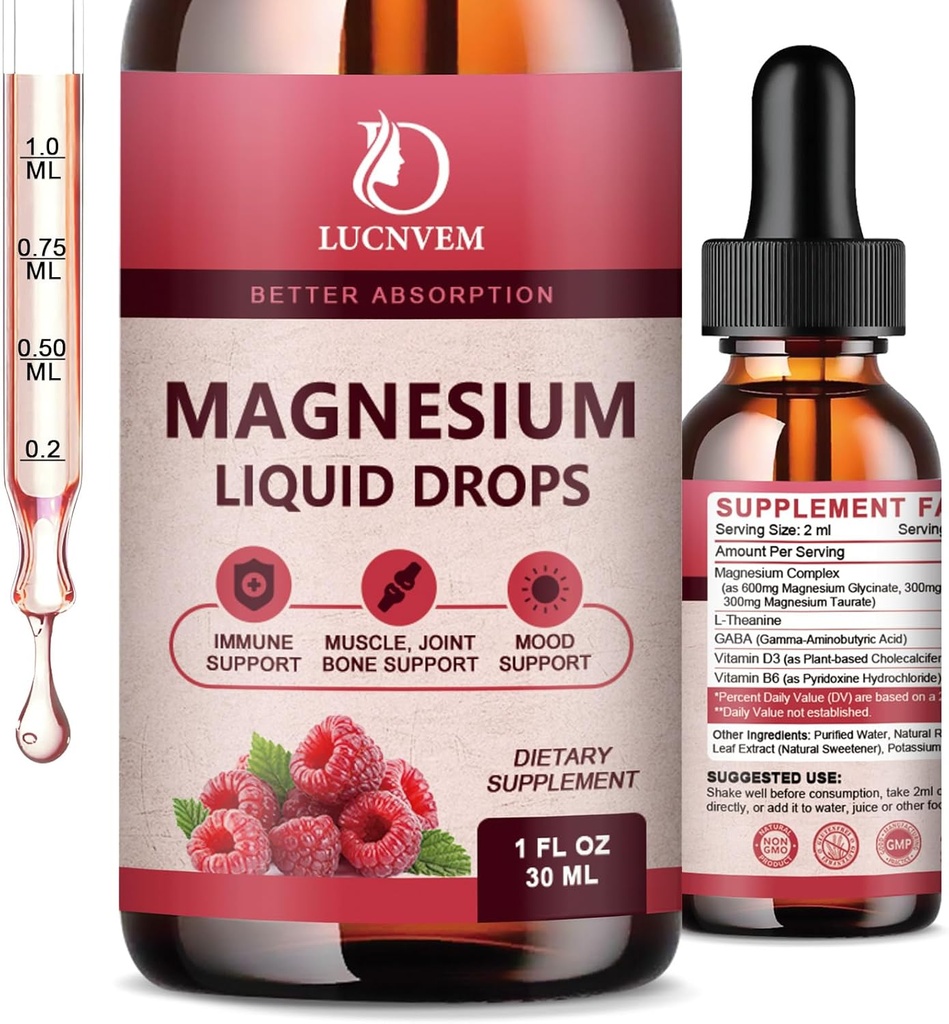 90% Absorción Magnesium Glycinate Liquid Drops with Citrate and Taurate, Magnesium Complex 1200mg with GABA, L-theanine, D3 and B6 for Calm, Sleep, Relaxation - Raspberry Flavor 1 Fl Oz (Pack of 2)