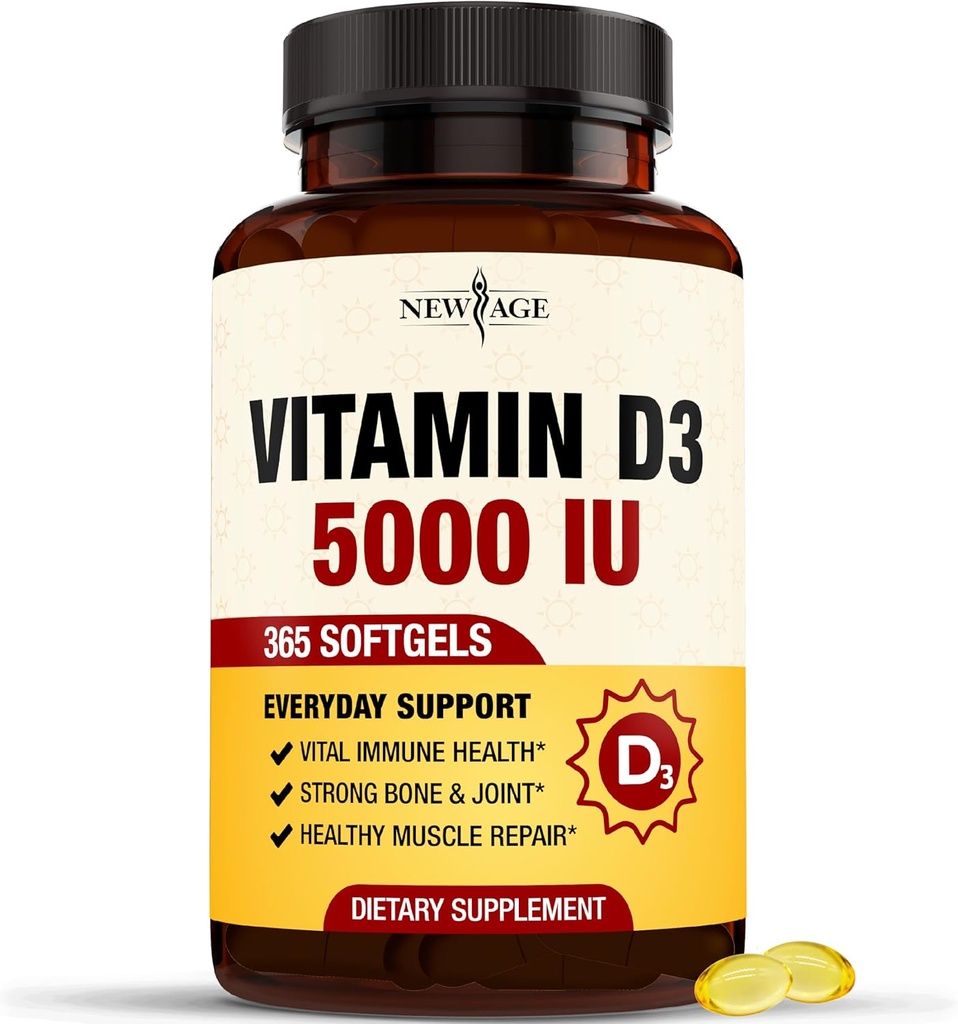 NUEVO AGE Vitamina D3 5000 UI 125mcg Softgels - Soporte para inmunes, fuerte salud de huesos - sin gluten, sin gluten, sin lácteos, 1 año de suministro (360 Softgels (Pack de 1))