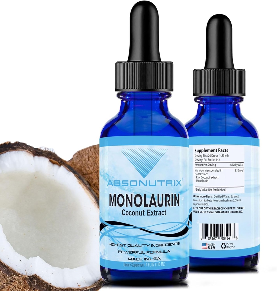 Resumen líquido de Absonutrix Monolaurin - 4oz Líquido, 830 mg 142 Serviciones, Hecho en EE.UU., Absorción rápida, Ingredientes de Potente de Calidad, No GMO, GMP Instalación certificada, Productos sin crueldad a