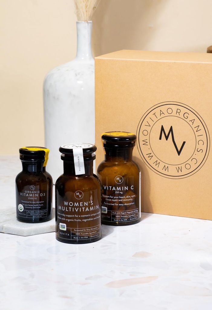 Movita Health Trio Vitamina Gift Set con Vitamina D3, C y Multivitamina de la Mujer, Alimentos integrales fermentados, vitaminas y minerales - Orgánica, Vegan-Friendly, Libre de gluten, No GMO