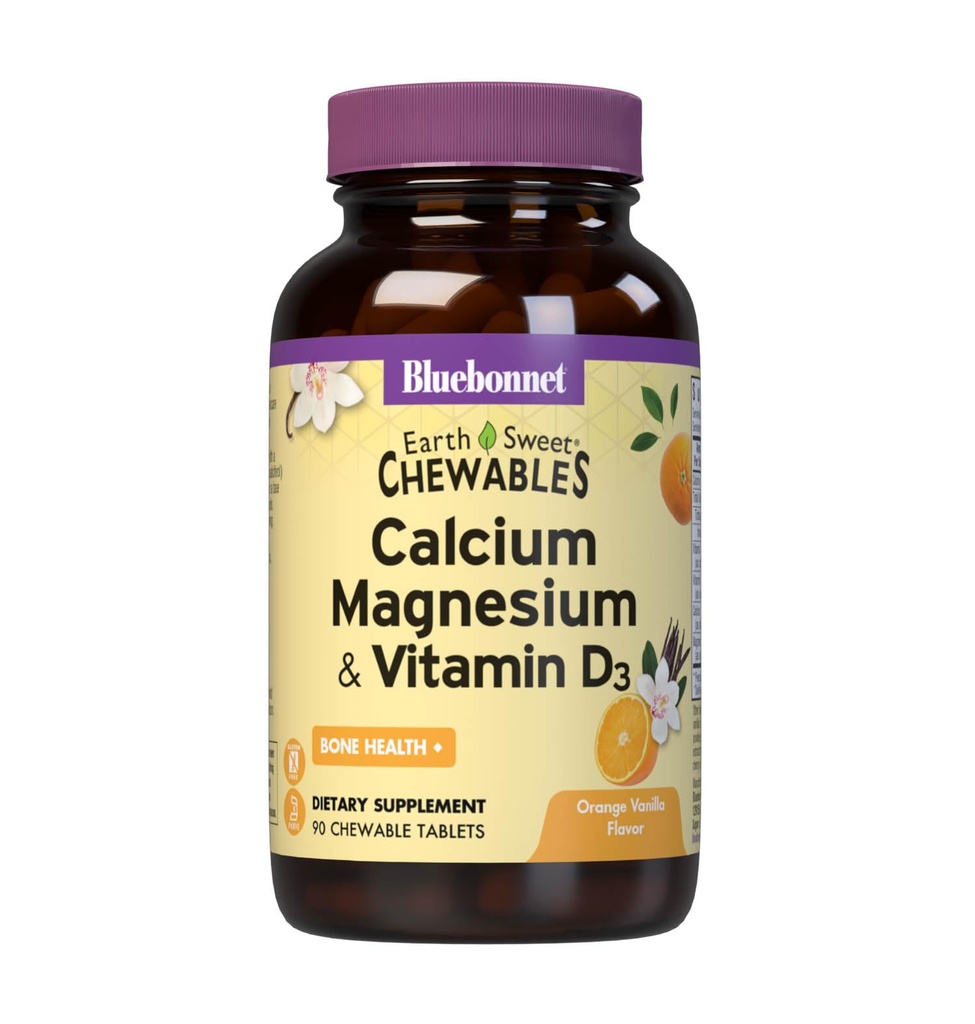 Bluebonnet Nutrition Calcium Magnesium Plus Vitamin D3 Earthsweet, Bone Health & Muscle Relaxation, Soy-Free, Gluten-Free, Kosher, Dairy-Free,90 Orange Vanilla Flavored Chewable Tablets