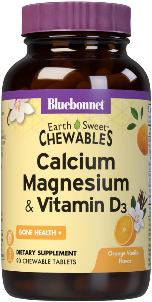 Bluebonnet Nutrition Calcium Magnesium Plus Vitamin D3 Earthsweet, Bone Health &amp; Muscle Relaxation, Soy-Free, Gluten-Free, Kosher, Dairy-Free,90 Orange Vanilla Flavored Chewable Tablets