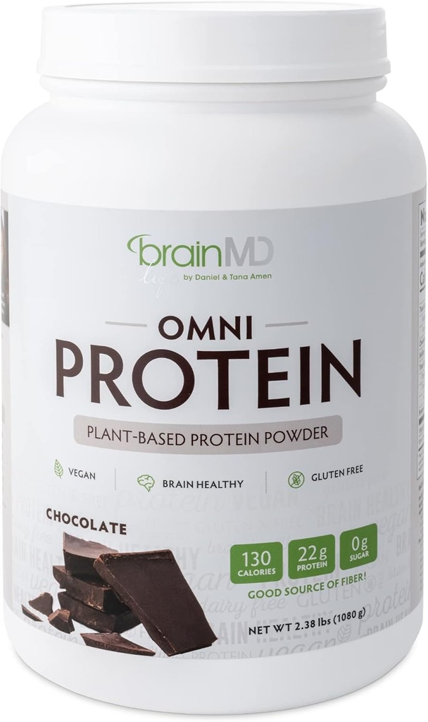 BRAINMD Dr Amen Omni Protein Chocolate - 2.38 lbs - Powder de proteína de base vegetal - promueve la recuperación de la energía y el ejercicio - Vegan, Vegetariano, Sugar Gratis, Gluten Gratis - 30 Servings