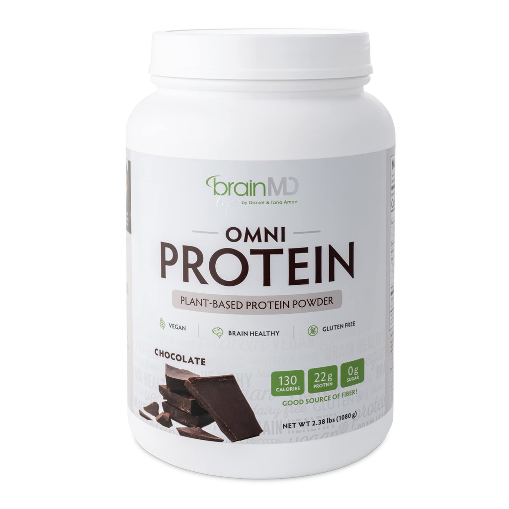 BRAINMD Dr Amen Omni Protein Chocolate - 2.38 lbs - Powder de proteína de base vegetal - promueve la recuperación de la energía y el ejercicio - Vegan, Vegetariano, Sugar Gratis, Gluten Gratis - 30 Servings