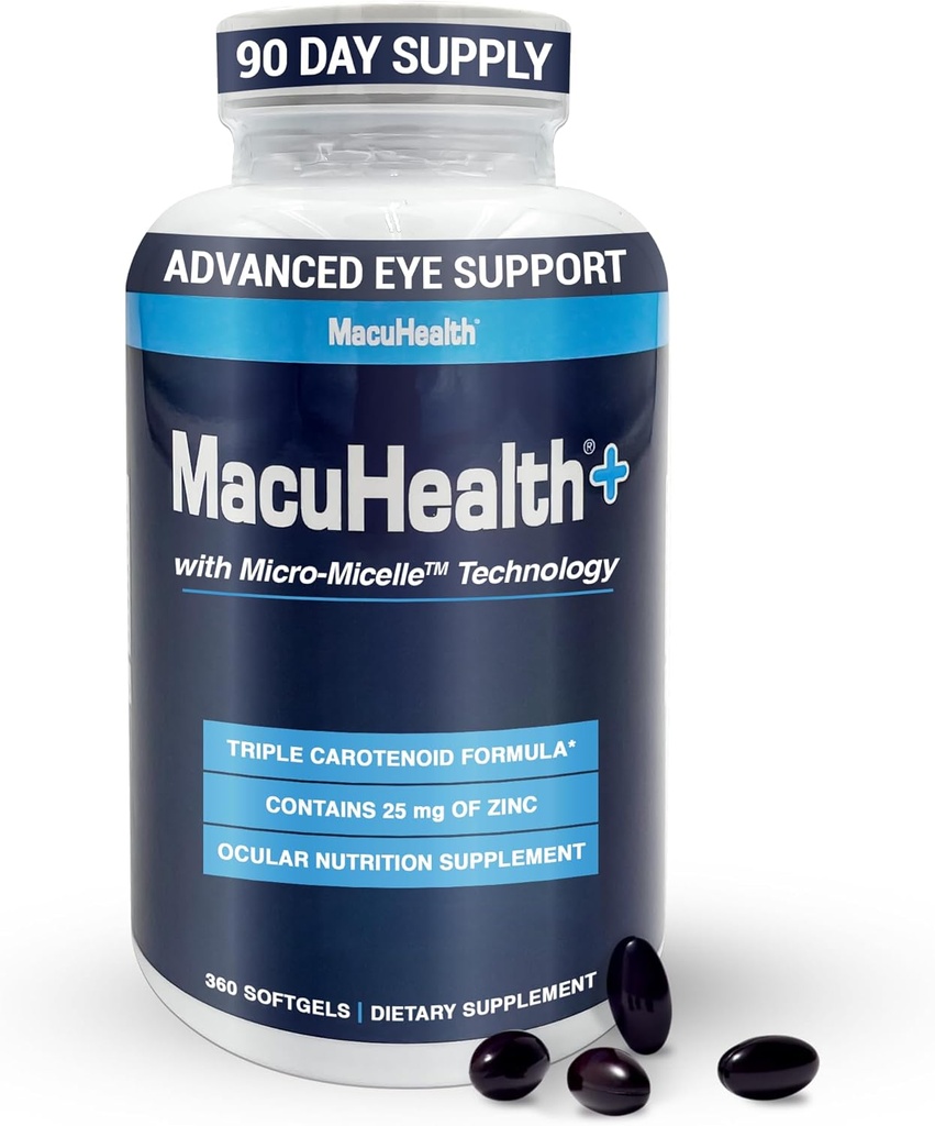 Macuhealth Plus+ Suplemento de Vitaminas Oculares para Adultos - 90 Day Supply with Lutein, Zeaxanthin, and Meso-Zeaxanthin - Unflavored, Vitamina para Ojos