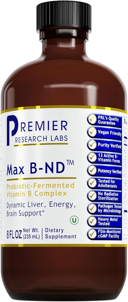 Premier Research Labs Max B-ND - Complejo de Vitamina B Líquida para la salud del hígado, gotas sublinguales para hombres y mujeres con Thiamin, B12 &amp; B6-8 Fl Oz Bottle