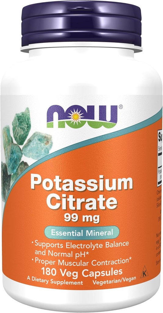 AHORA Suplementos de alimentos, Citrato de potasio 99 mg, soporta equilibrio de electrolitos y pH normal*, Mineral esencial, 180 cápsulas
