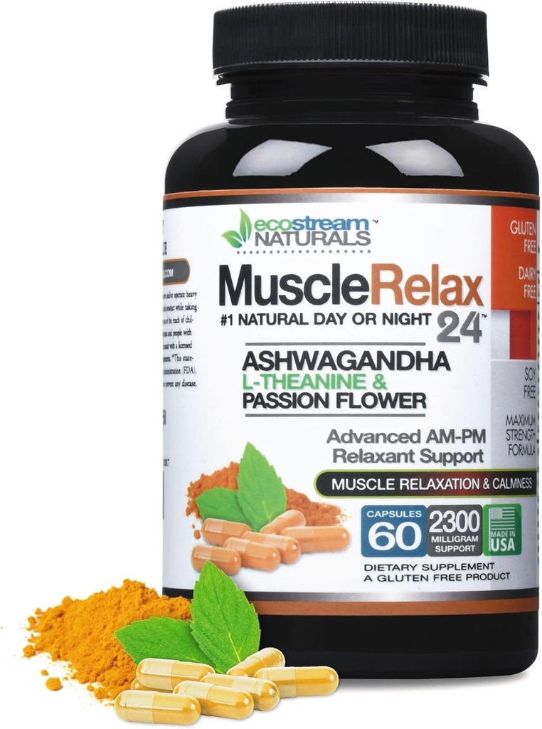 MuscleRelax 24/7 apoya la relajación muscular, el uso del día o de la noche, ingredientes naturalmente derivados - seguro y eficaz - sin gluten - 60 cápsulas vegetarianas
