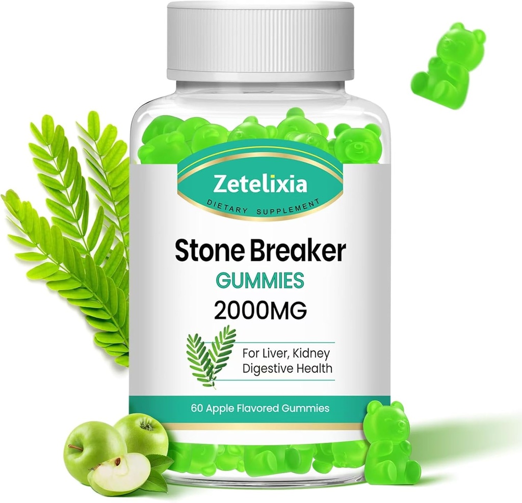 Chanca Piedra Stone Breaker Gummies, Organic Herbal Supplement for Kidney Cleanse & Gallbladder Health, Kidney Stones Dissolver, Sugar Free, Vegan, Non-GMO, Apple Flavor, 60 Count