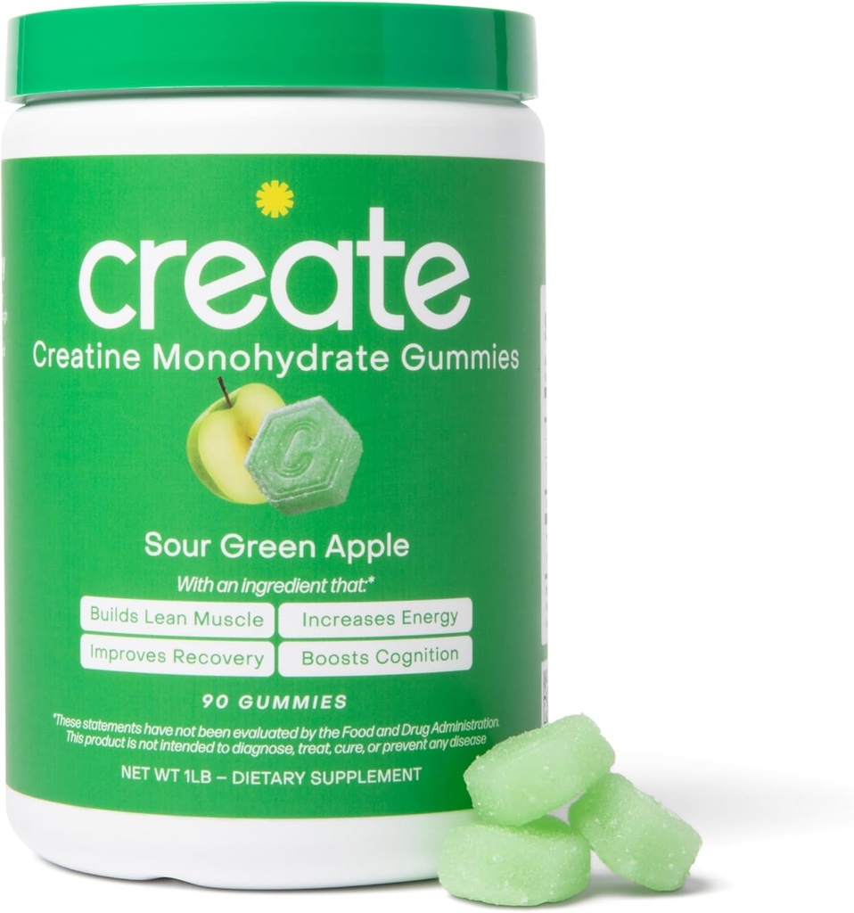 Cretina Monohydrate Gummies for Hombres &amp; Mujeres - Foco más fuerte, fuerza y resistencia, Fórmula anti fusión, Vegan, Gluten-Free, Non-GMO, 1,5 Gram Creatine per Gummy (Sour Green Apple, 90 ct)