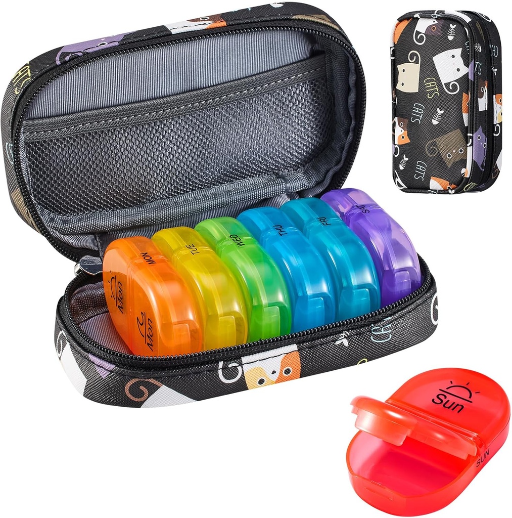 Serfeymi Organizador semanal de píldoras de viaje 2 veces al día AM Upgraded Rainbow Pill Box 7 Day with Portable Zipper PU Leather Pill Case, Medicine Organizer for Pills, Vitamins, Fish Oils - Black 02