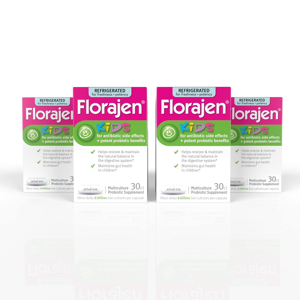 Florajen Kids Probiotics, Daily Gut Health &amp; Immune Support Supplement, Constipation and Bloating Relief, 120 Capsules (Refrigerado)