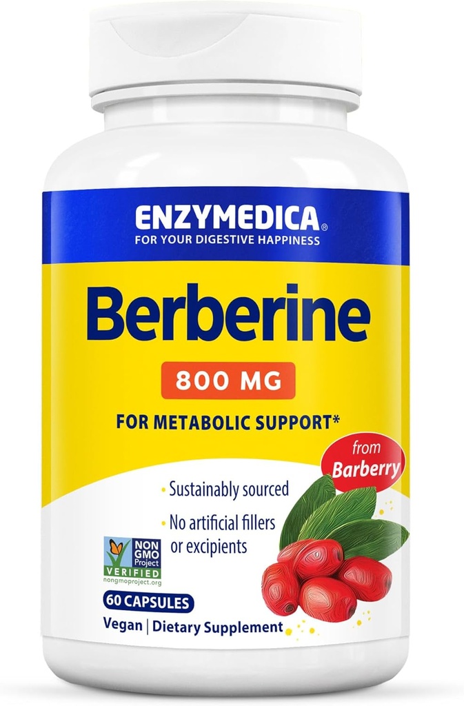 Enzymedica Berberine 800 mg – Cápsulas Vegan para el apoyo metabólico – de Barberry de origen sostenible – no GMO, libre de gluten, sin explosivos – 60 cápsulas