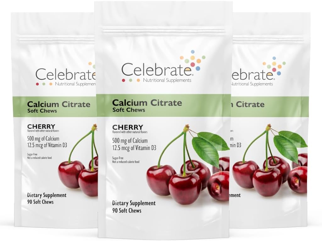 Celebrar vitaminas Bariatric 500mg Calcio Citar cerdas suaves con 500 UI Vitamina D3 – Esencial para el bypass gástrico Pacientes " Bone Health - Sugar " Gluten Free, Cherry (270 Chews)