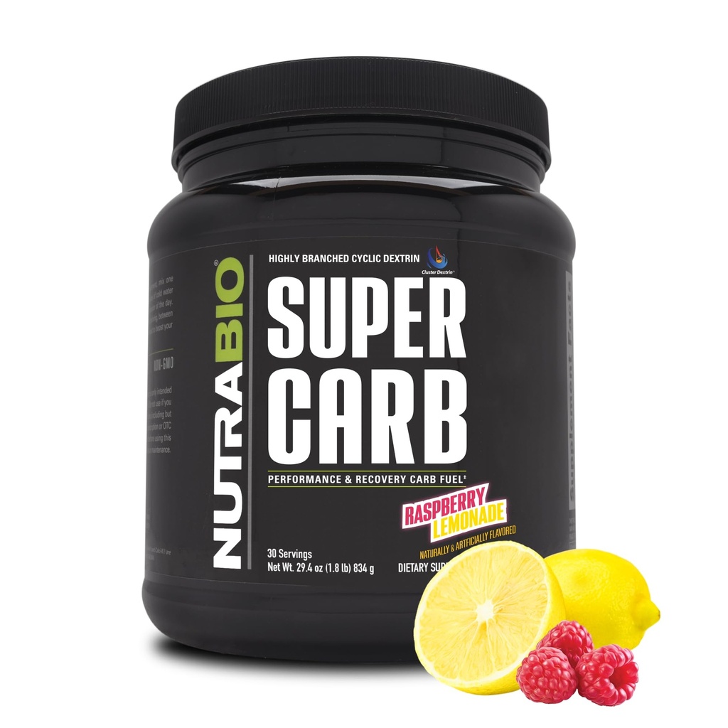 NutraBio Super Carb, Carbohydrate Powder with Cluster Dextrin & Electrolytes, Advanced Carb Supplement Powder for Workout Fuel,Performance, and Muscle Recovery,Cyclic Dextrin,Raspberry Lemonade, 30 Sv
