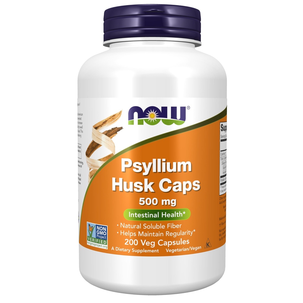 AHORA Suplementos Alimentarios, Psyllium Husk Caps 500 mg, Proyecto No GMO Verificado, Fibra Soluble Natural, Salud Intestinal*, 200 cápsulas Veg